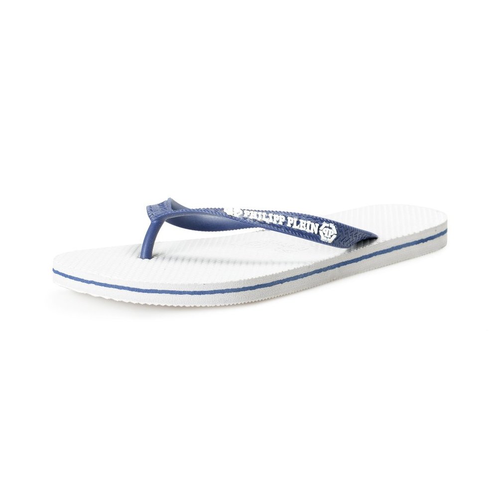 Philipp Plein White/Navy Blue Rubber Logo Print Flip Flops Shoes